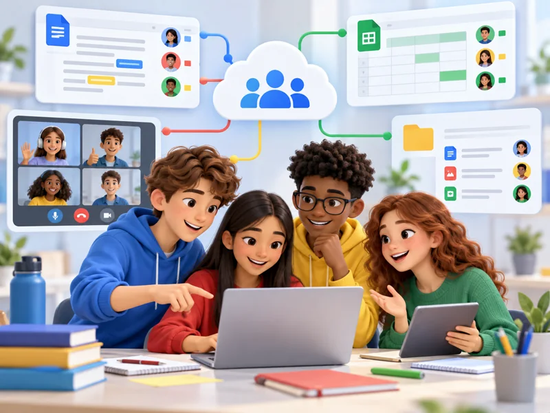 Estudiantes colaborando en documentos, videollamadas y archivos compartidos
